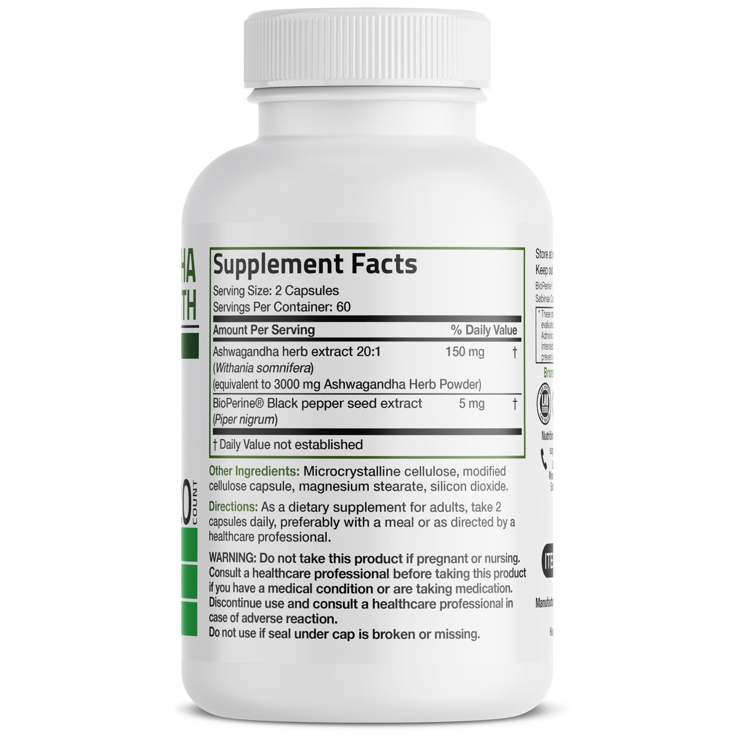 Close-up of Bronson Ashwagandha Extra Strength label showing BioPerine