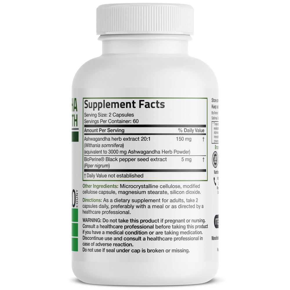 Close-up of Bronson Ashwagandha Extra Strength label showing BioPerine