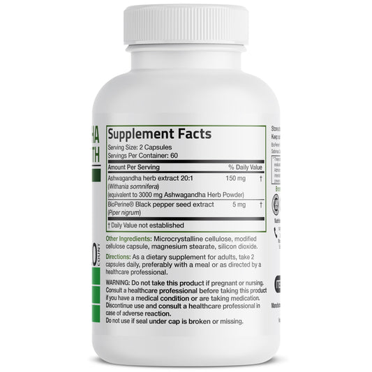 Close-up of Bronson Ashwagandha Extra Strength label showing BioPerine