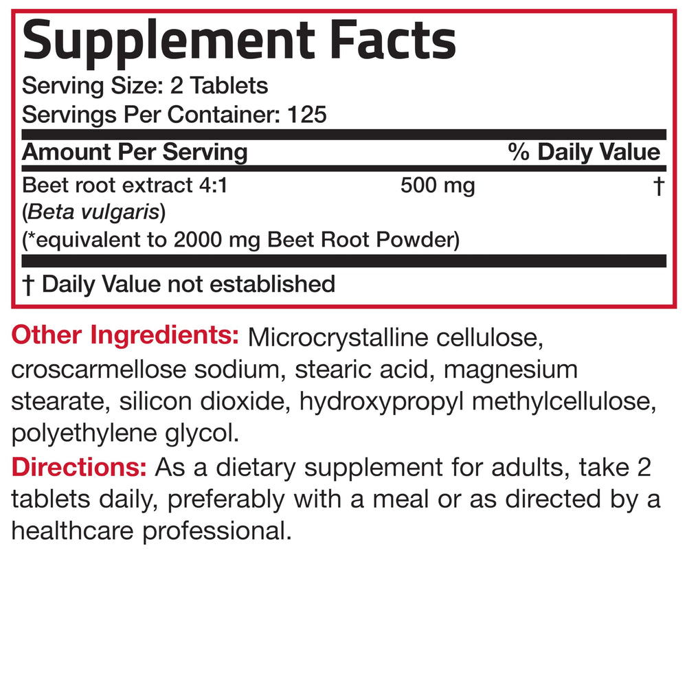 Nutrition facts panel of Bronson Beet Root bottle
