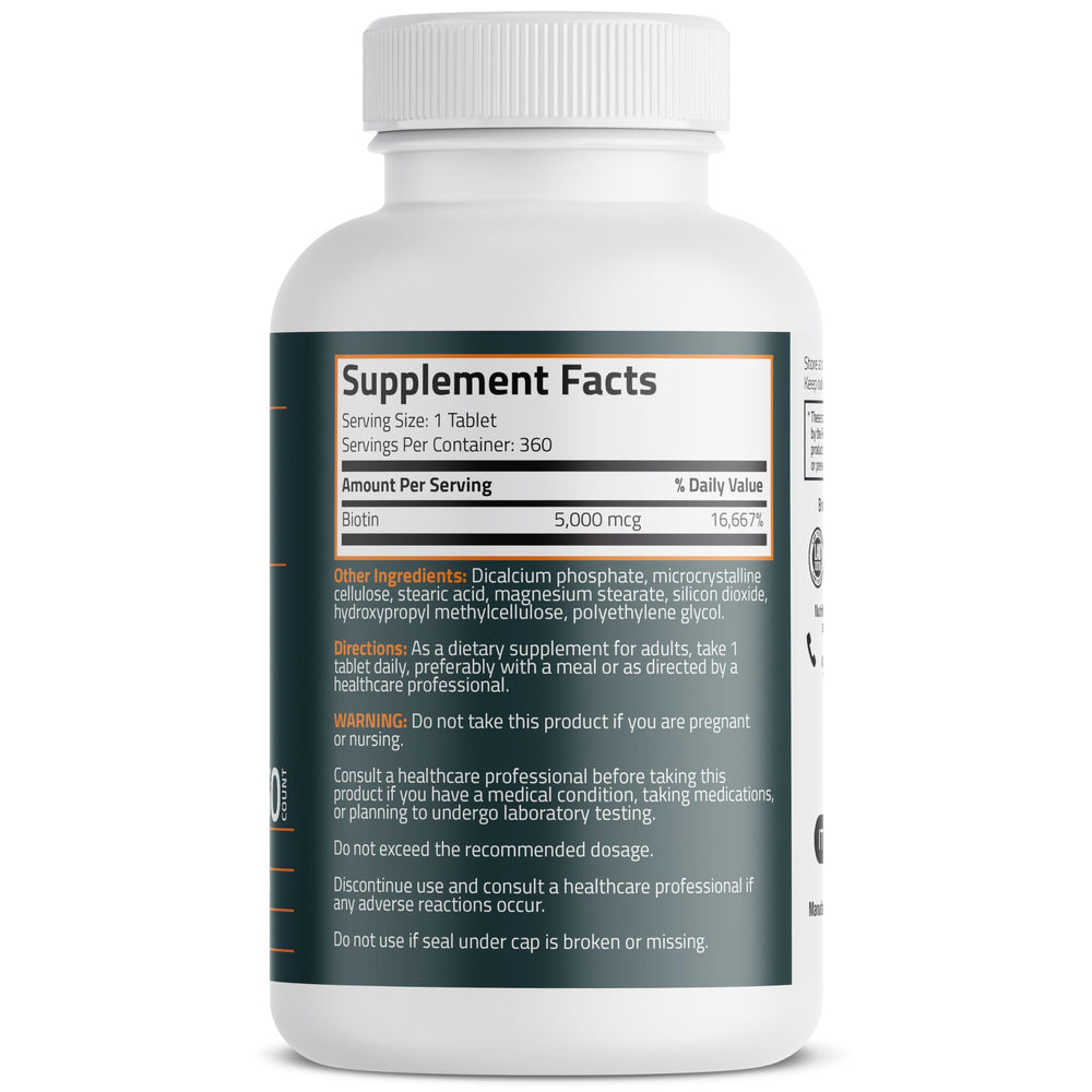 Close-up of Bronson Biotin 5,000 MCG label