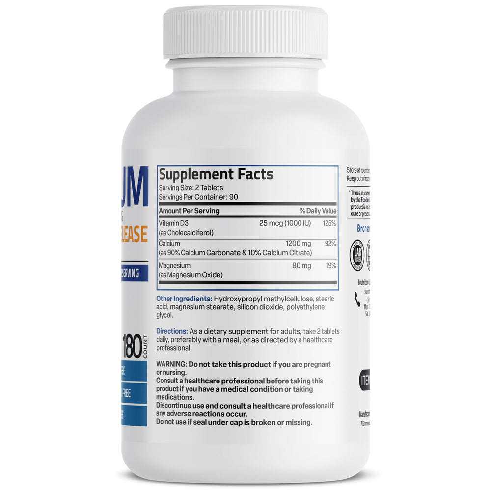 Bottle label showing 1200 mg calcium sustained-release with D3 and Magnesium