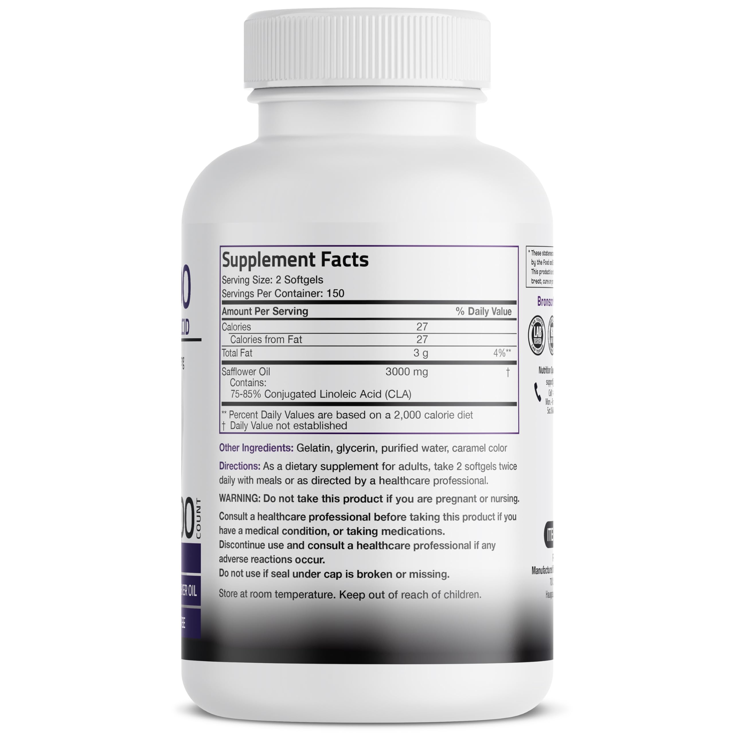 Bronson CLA 3000 label details show non-stimulating, non-GMO safflower sourcing.