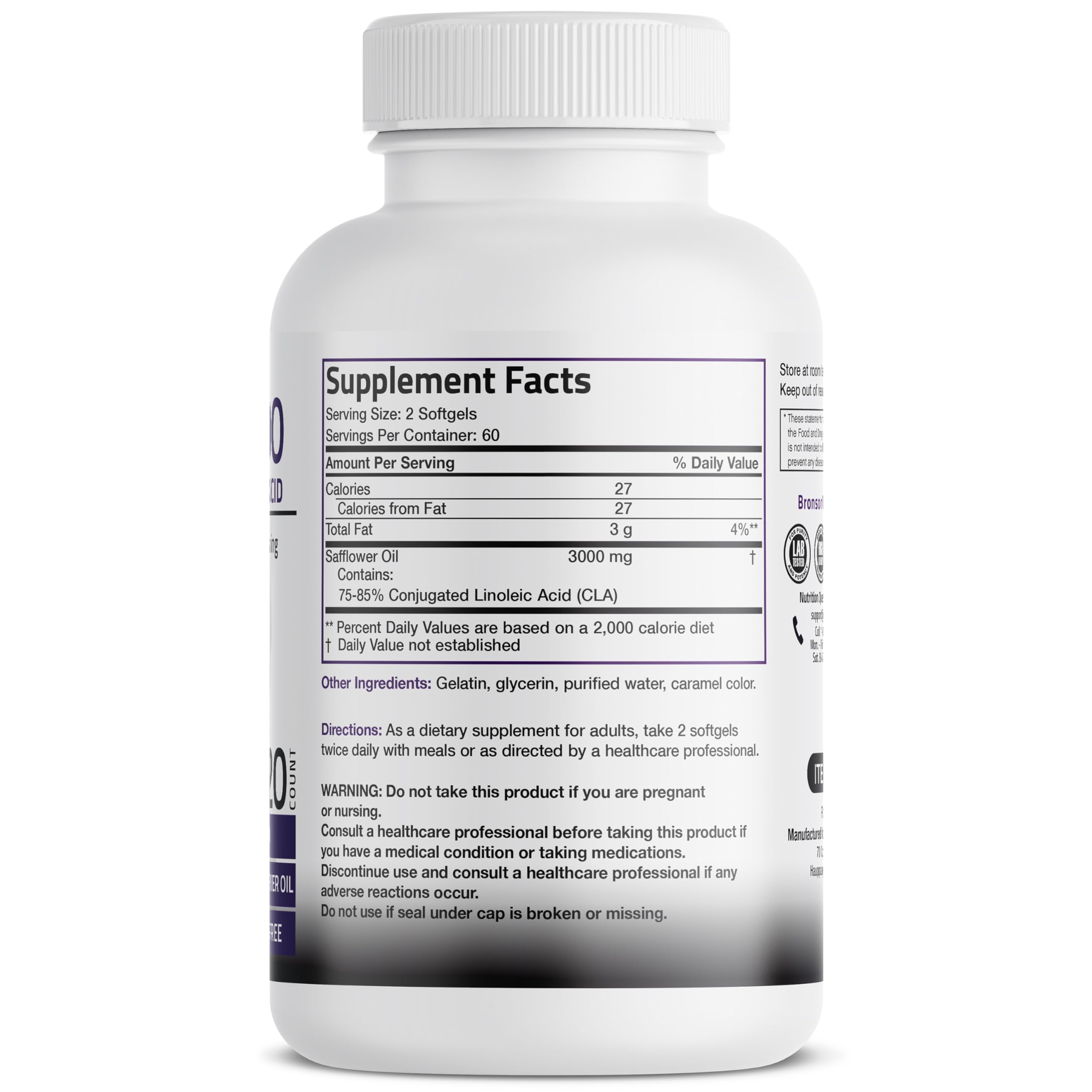 Serving size showing 2250 mg CLA per serving (2 softgels)