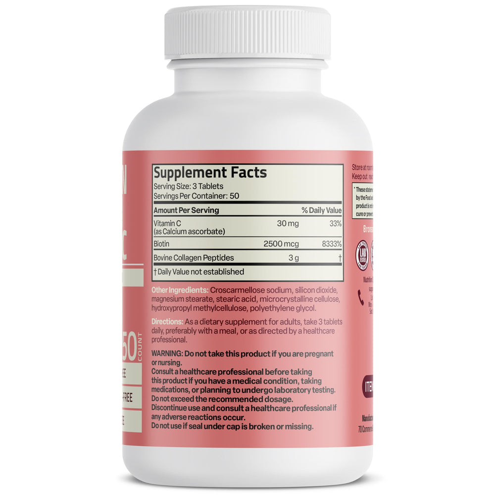 Close-up of serving size 3 tablets with collagen peptides