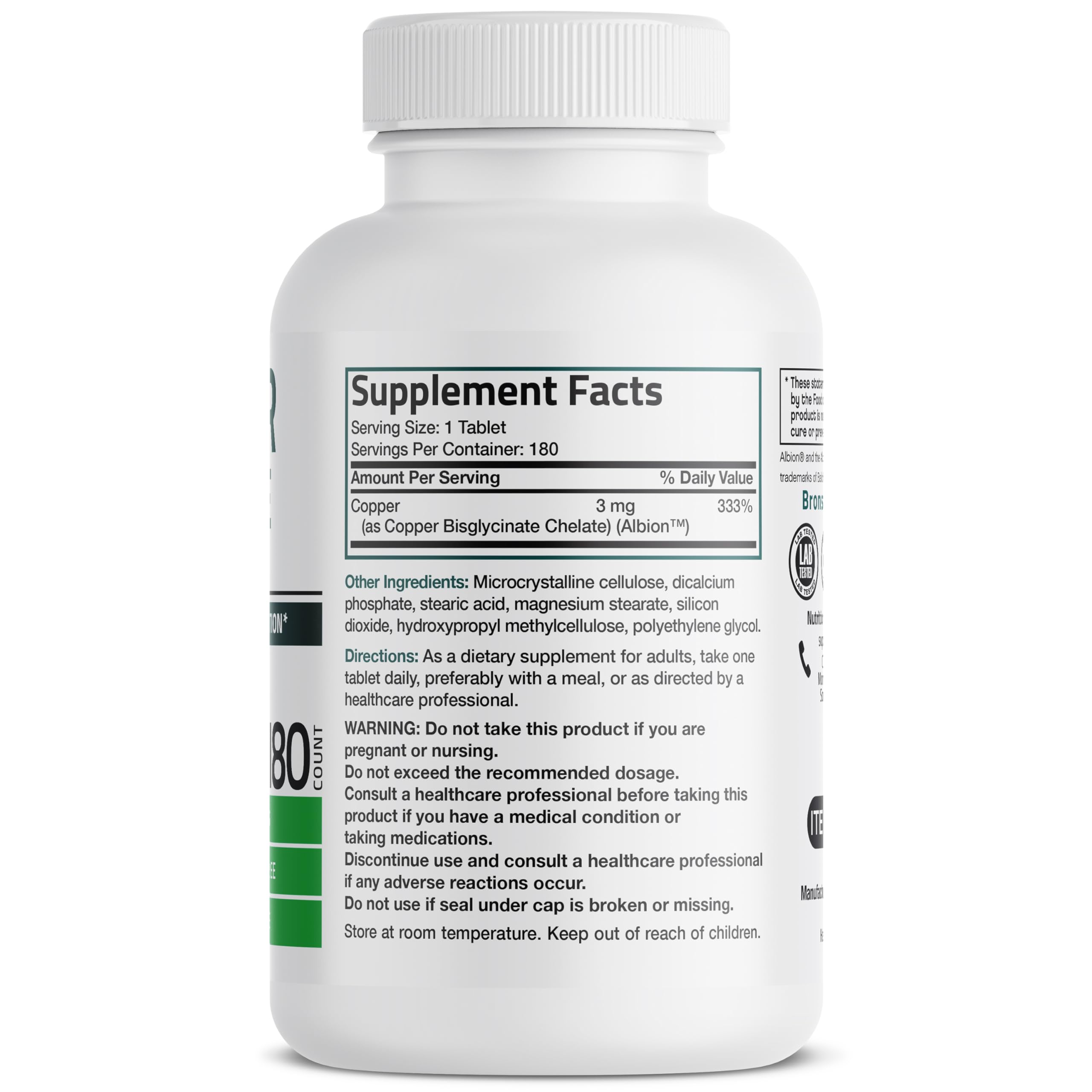 Label close-up showing copper bisglycinate chelate on Bronson bottle