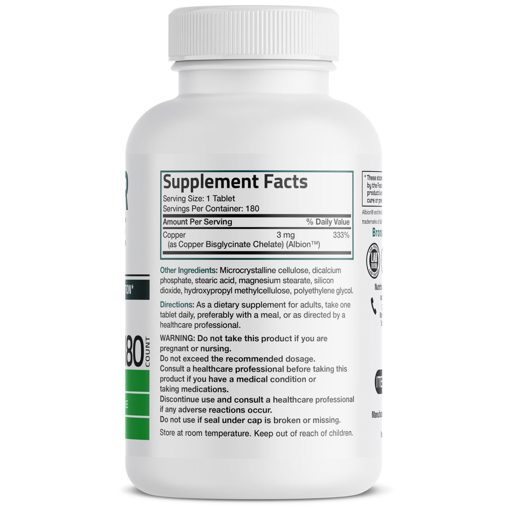 Label close-up showing copper bisglycinate chelate on Bronson bottle