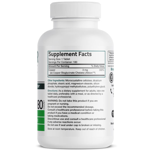 Label close-up showing copper bisglycinate chelate on Bronson bottle