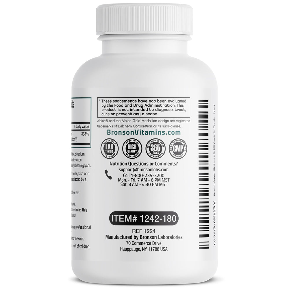 180 vegetarian tablets per bottle of Bronson Copper Glycinate 3 mg