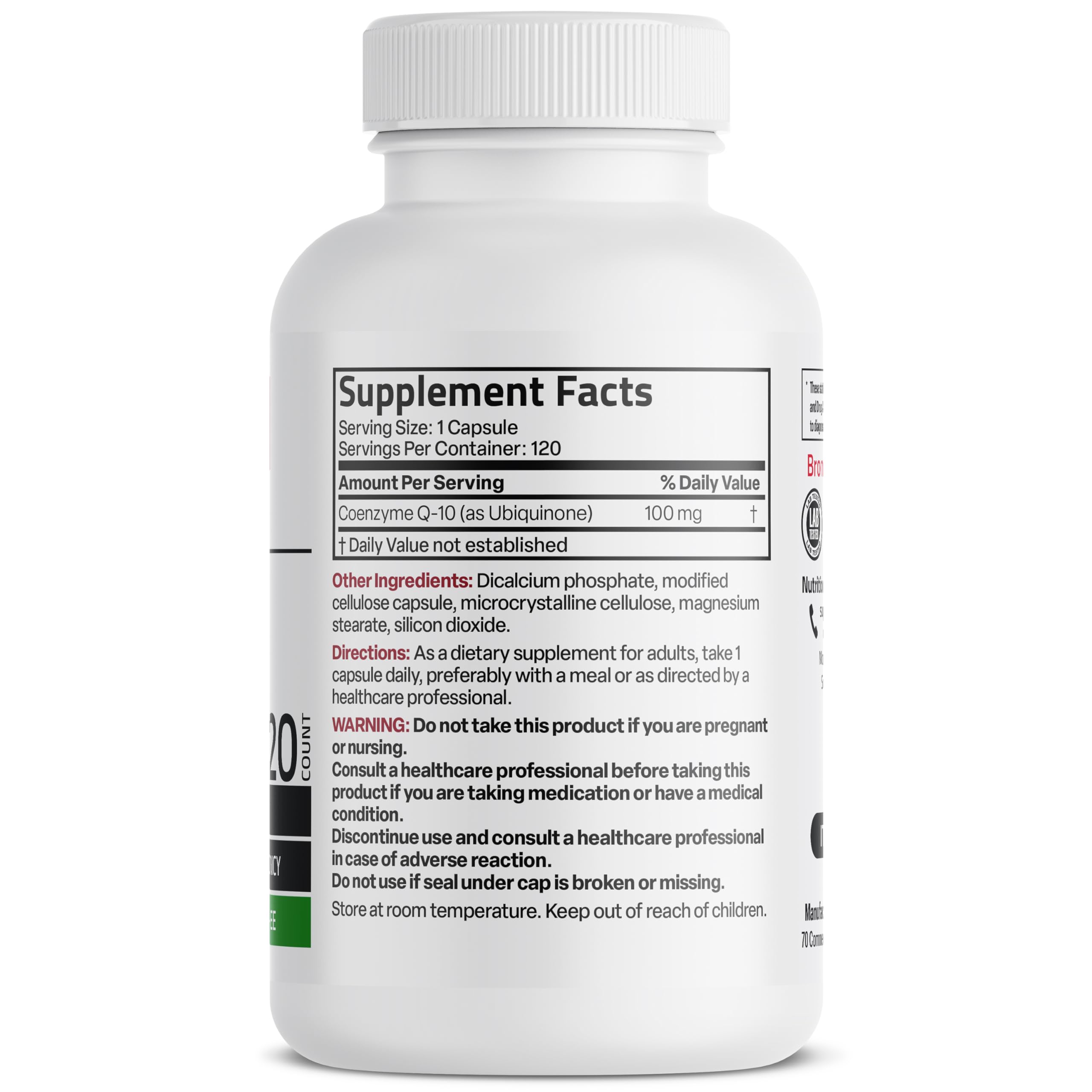 Close-up of Bronson CoQ10 100 mg high potency capsule bottle