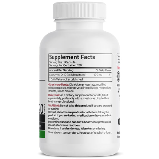 Close-up of Bronson CoQ10 100 mg high potency capsule bottle