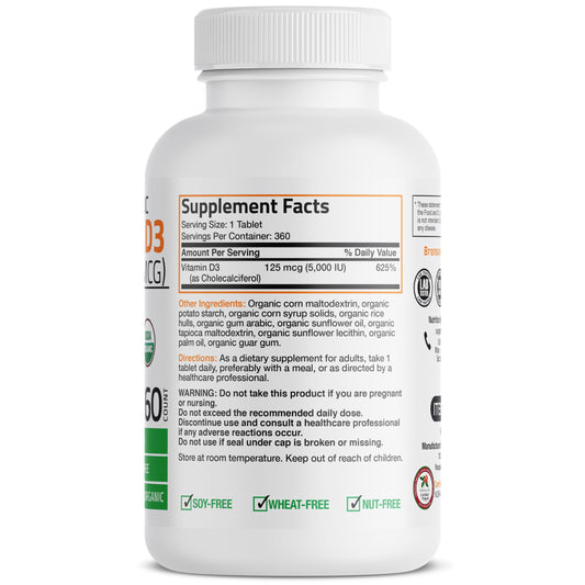 Back view of Bronson Vitamin D3 5,000 IU bottle with label details