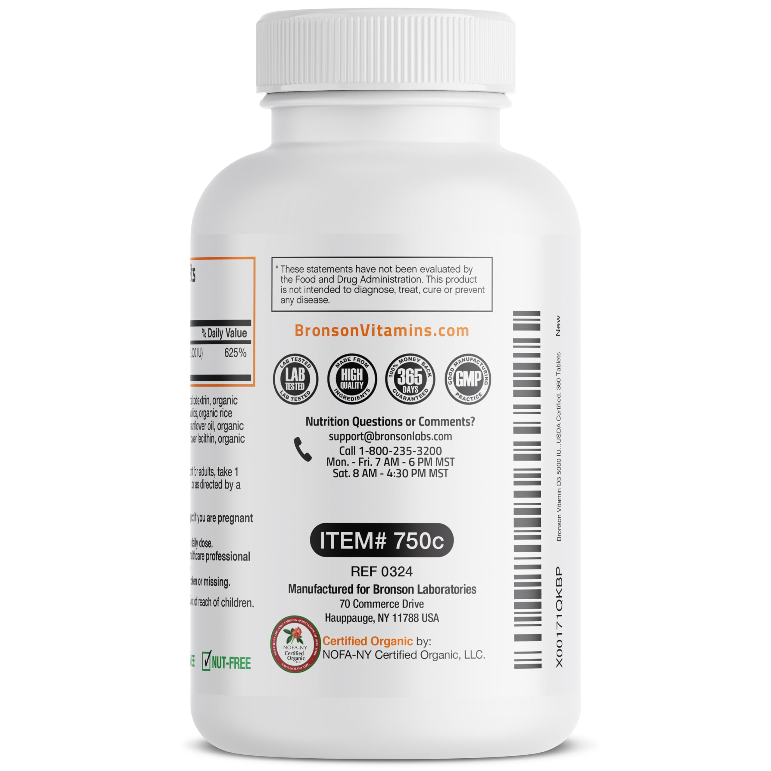Supplement facts panel for Bronson Vitamin D3 5,000 IU