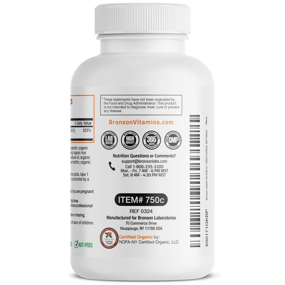Supplement facts panel for Bronson Vitamin D3 5,000 IU