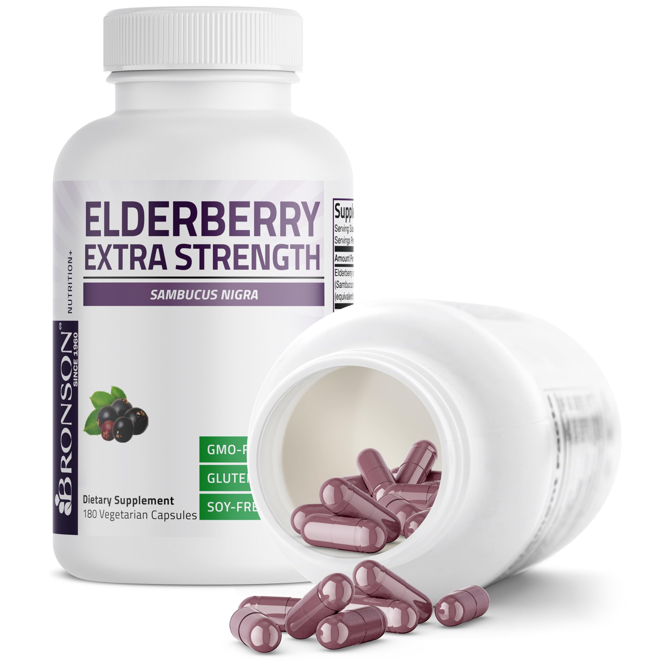 Vegan and non-GMO badges for Bronson Elderberry Extra Strength