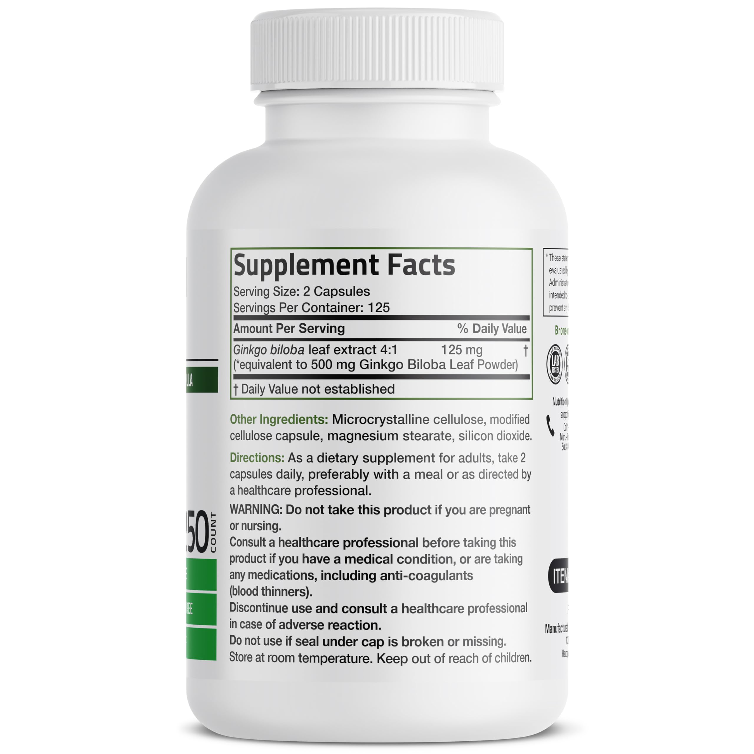 Bronson Ginkgo Biloba capsules, 250 vegetarian capsules