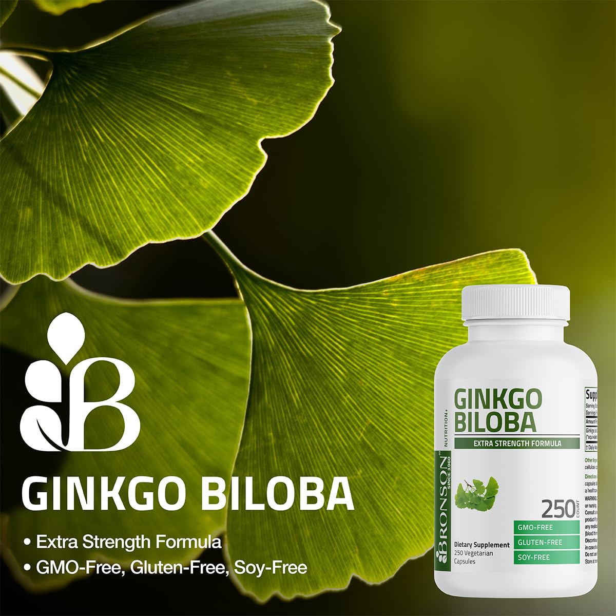 GMO-Free, Gluten-Free and Soy-Free Bronson Ginkgo Biloba labeling