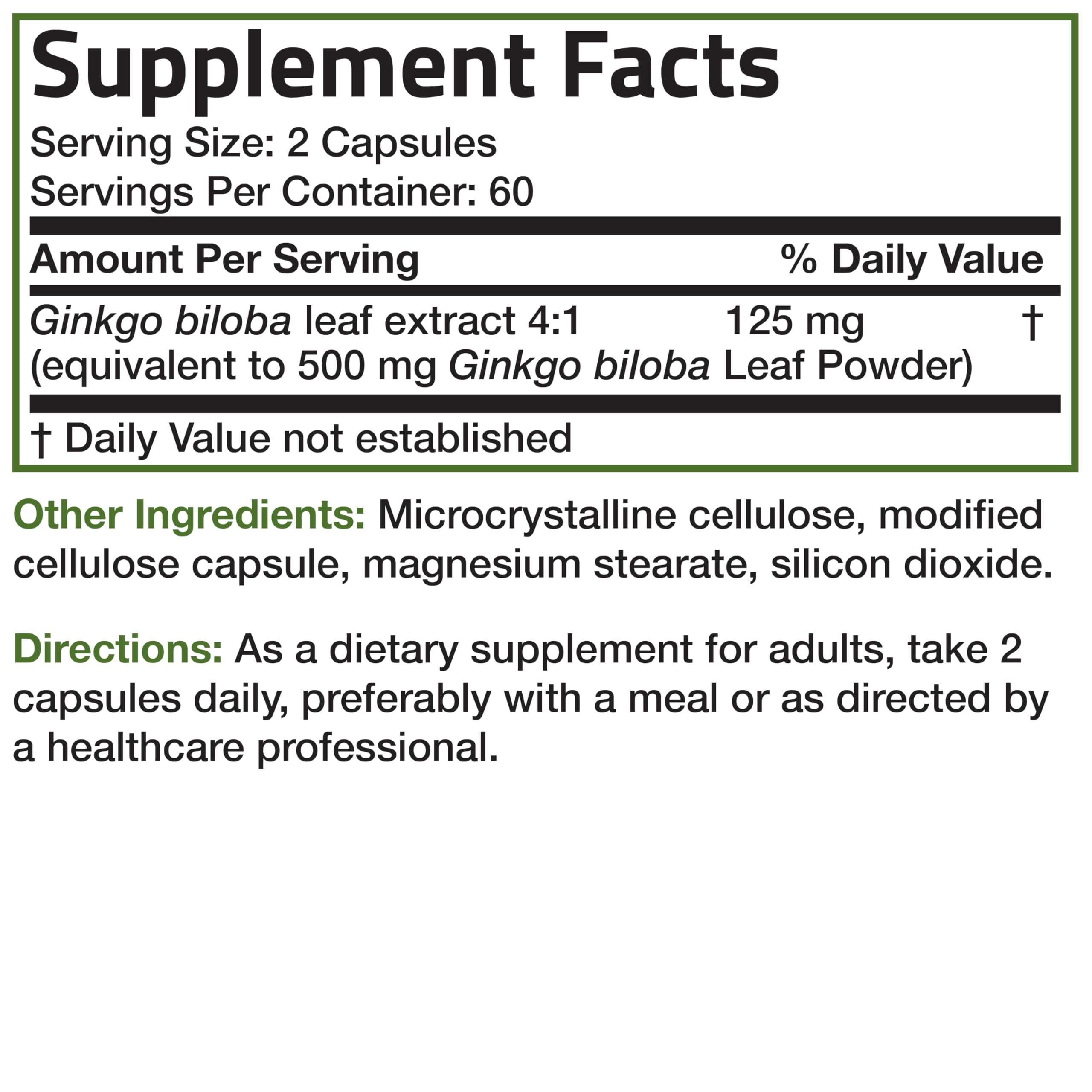 Ingredients and supplement facts panel for Bronson Ginkgo Biloba