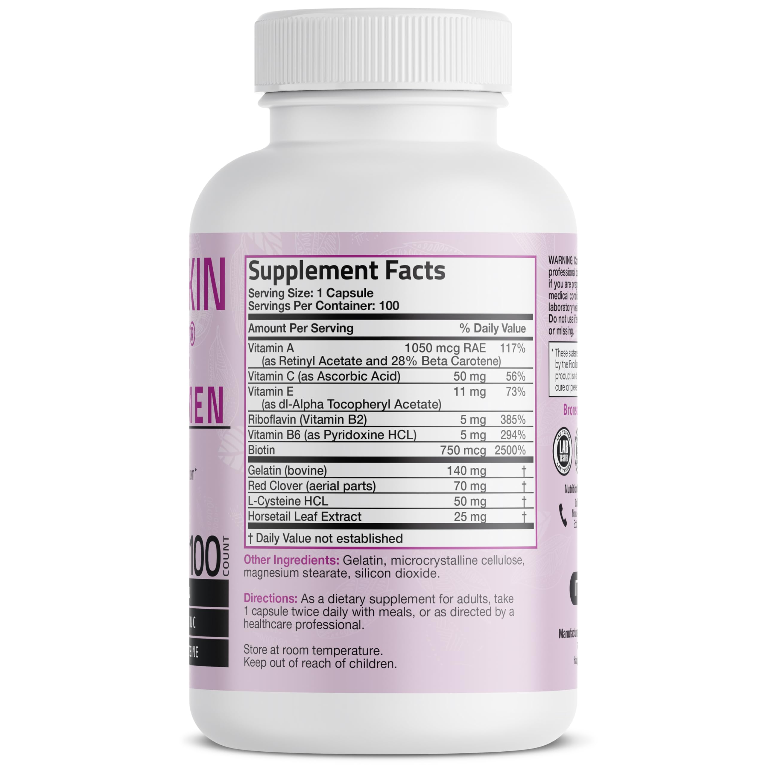 Close-up of Bronson label reading Biotin Hair Skin Nails