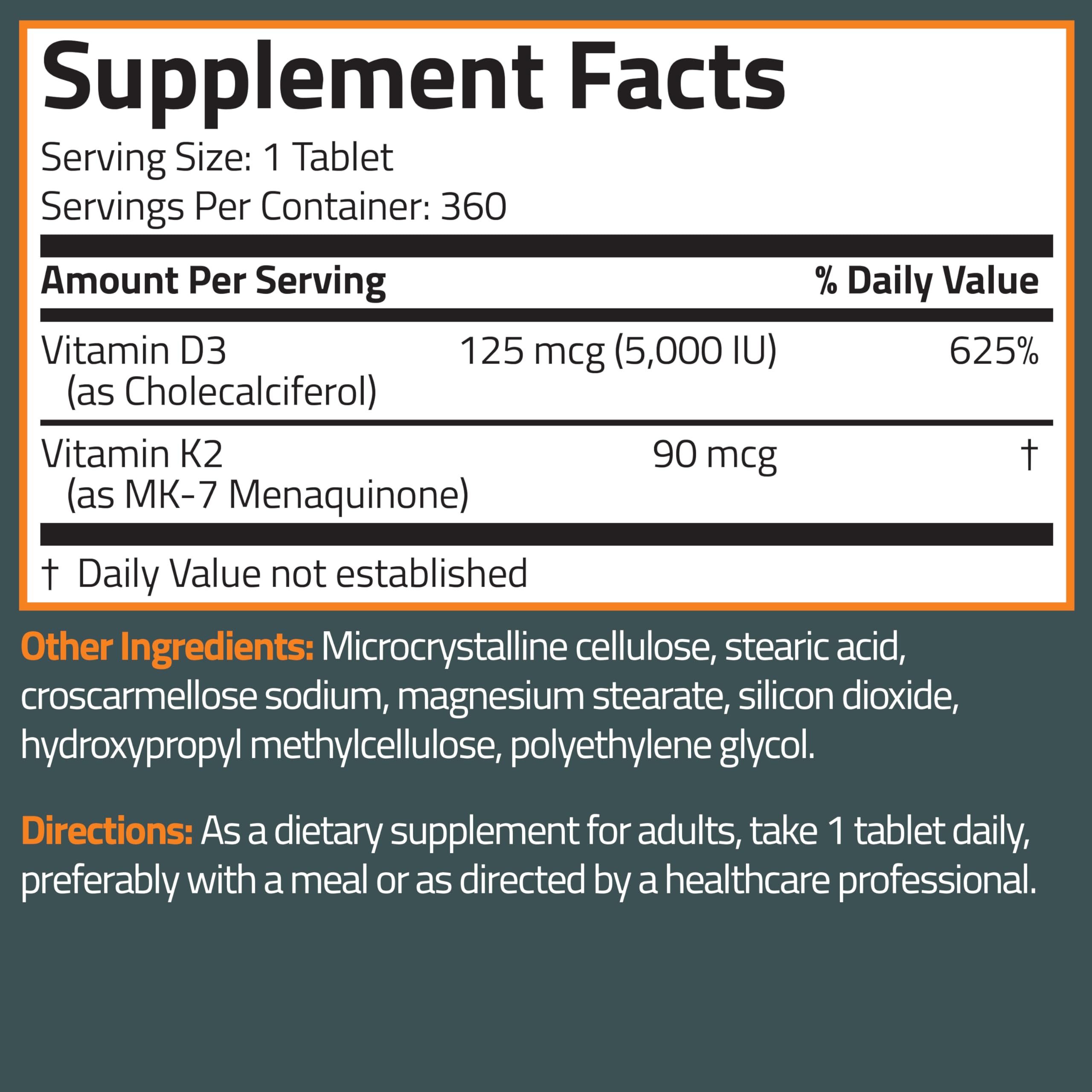 One-year supply bottle (360 tablets) of Bronson K2 D3 MK-7