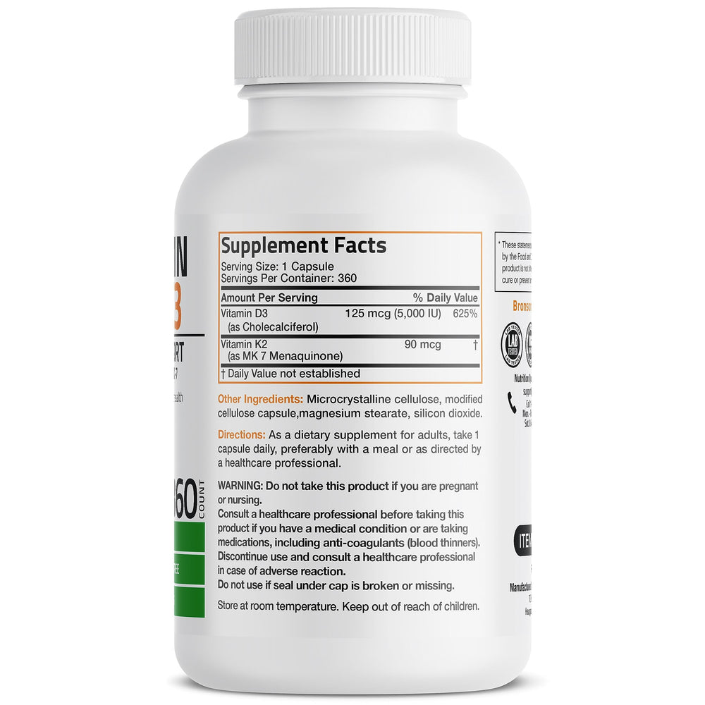 K2 MK-7 D3 5000 IU 90 mcg per serving label close-up