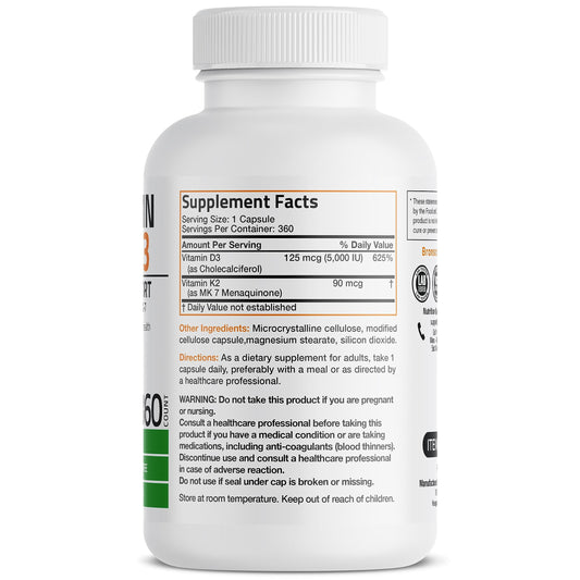K2 MK-7 D3 5000 IU 90 mcg per serving label close-up