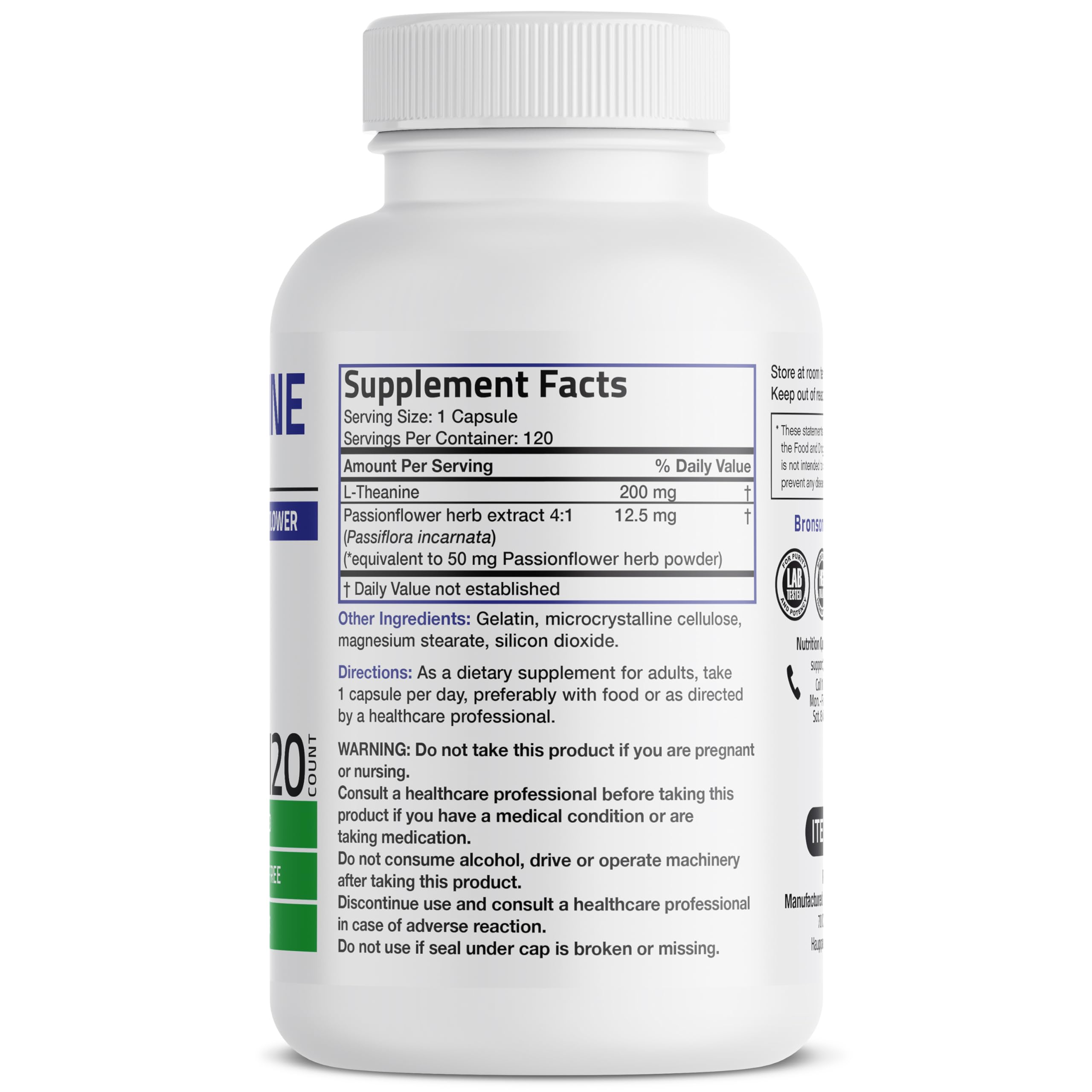 Close-up of Bronson L-Theanine 200mg bottle