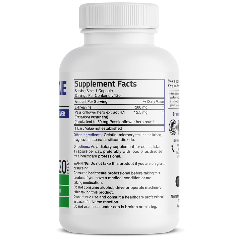 Close-up of Bronson L-Theanine 200mg bottle