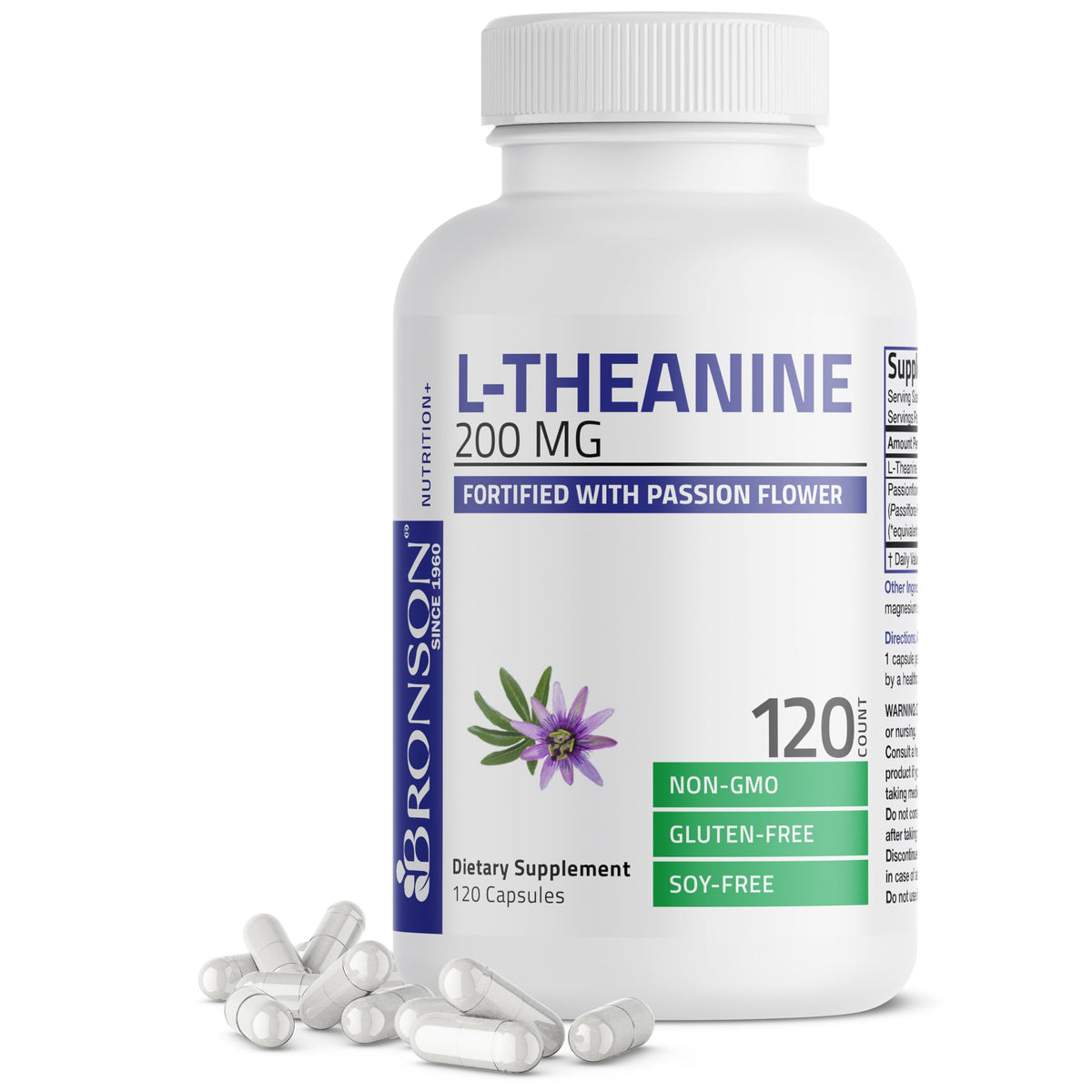 Bronson L-Theanine 200mg bottle and 120 capsules