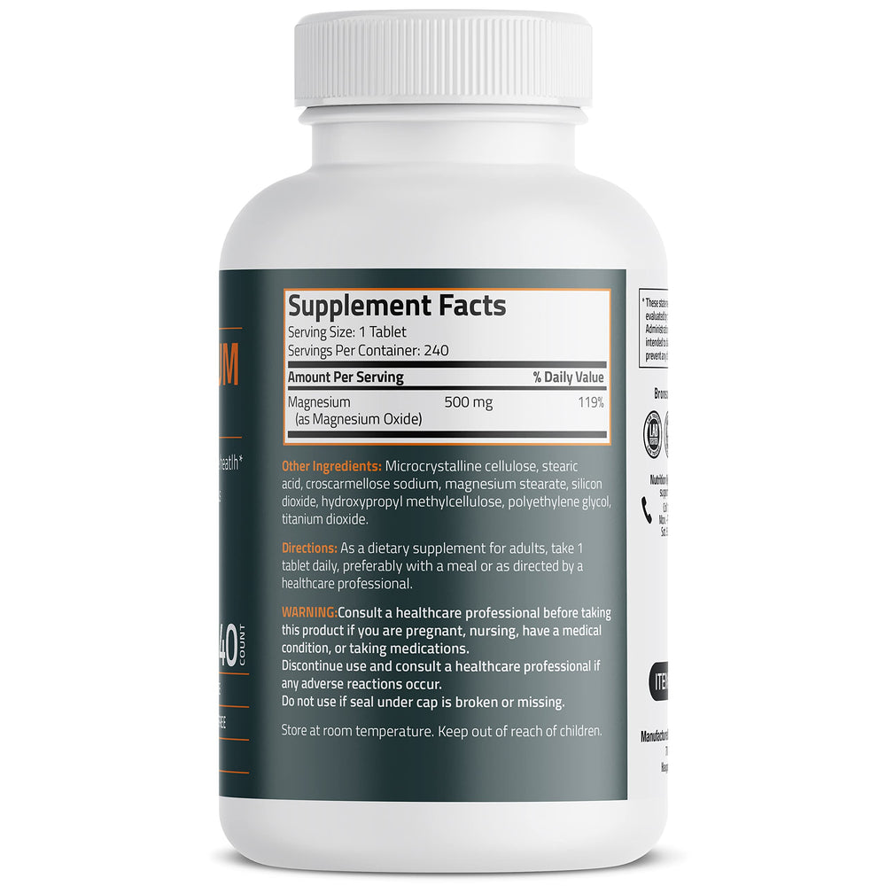 Supplement facts panel for Bronson Magnesium 500 mg