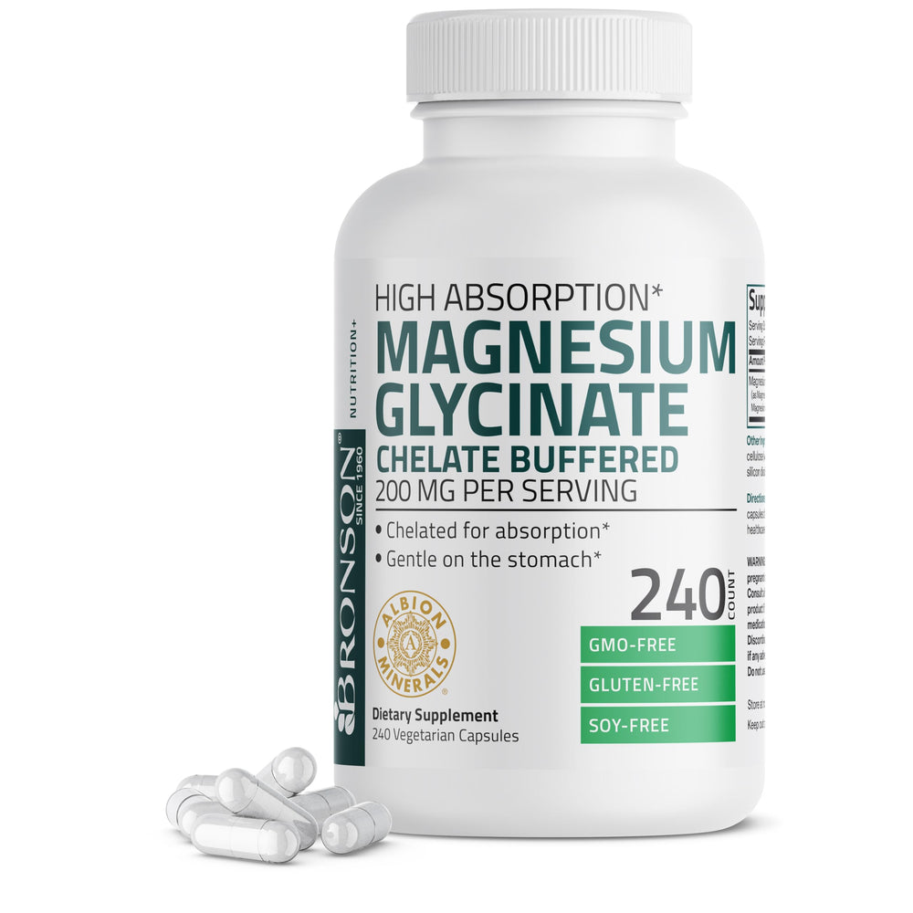 Bronson Magnesium Glycinate 200 mg per serving bottle with 240 vegetarian capsules
