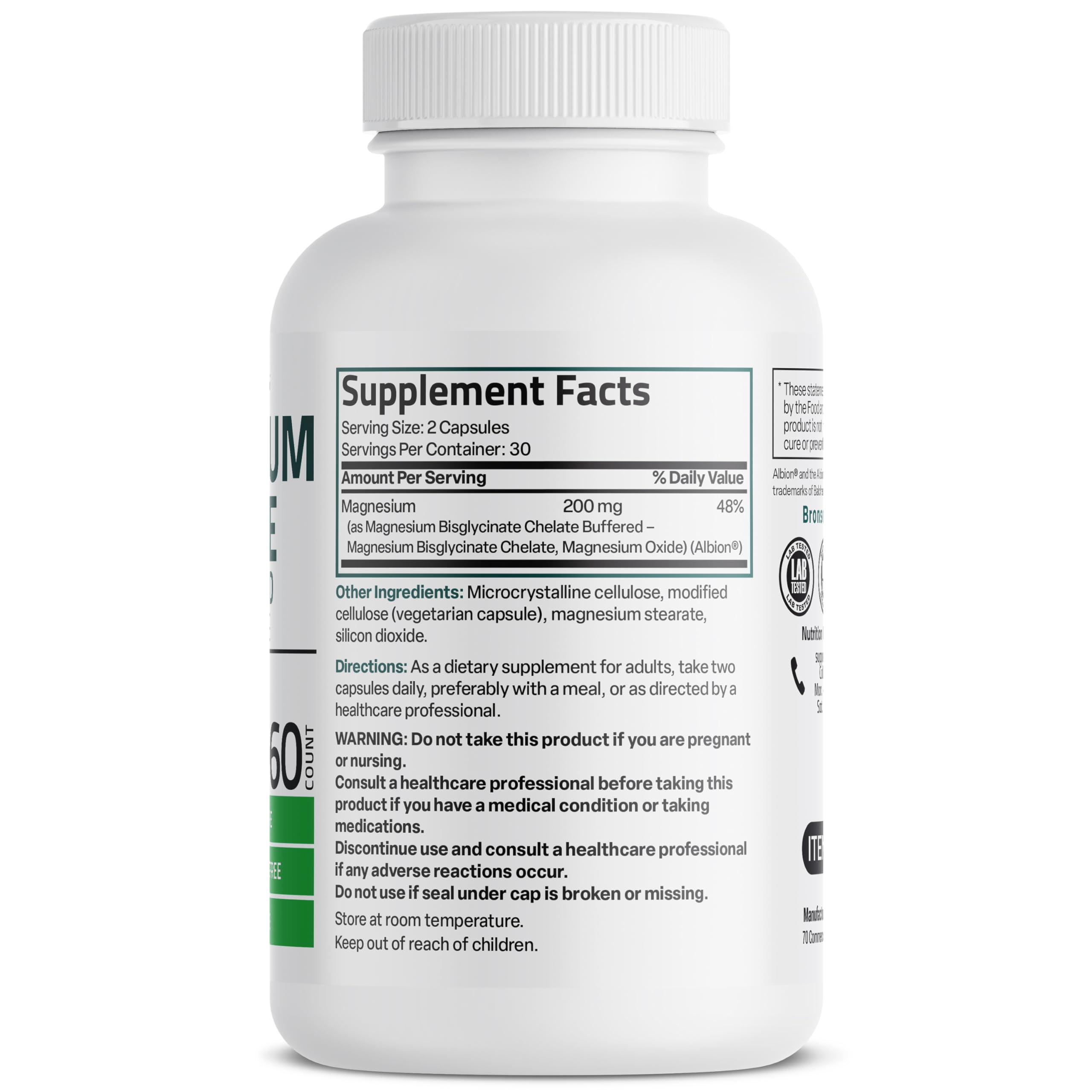 Bronson Magnesium Glycinate 200 mg bottle side view