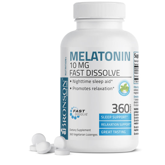 Bronson Melatonin 10 mg fast-dissolve peppermint tablets bottle label