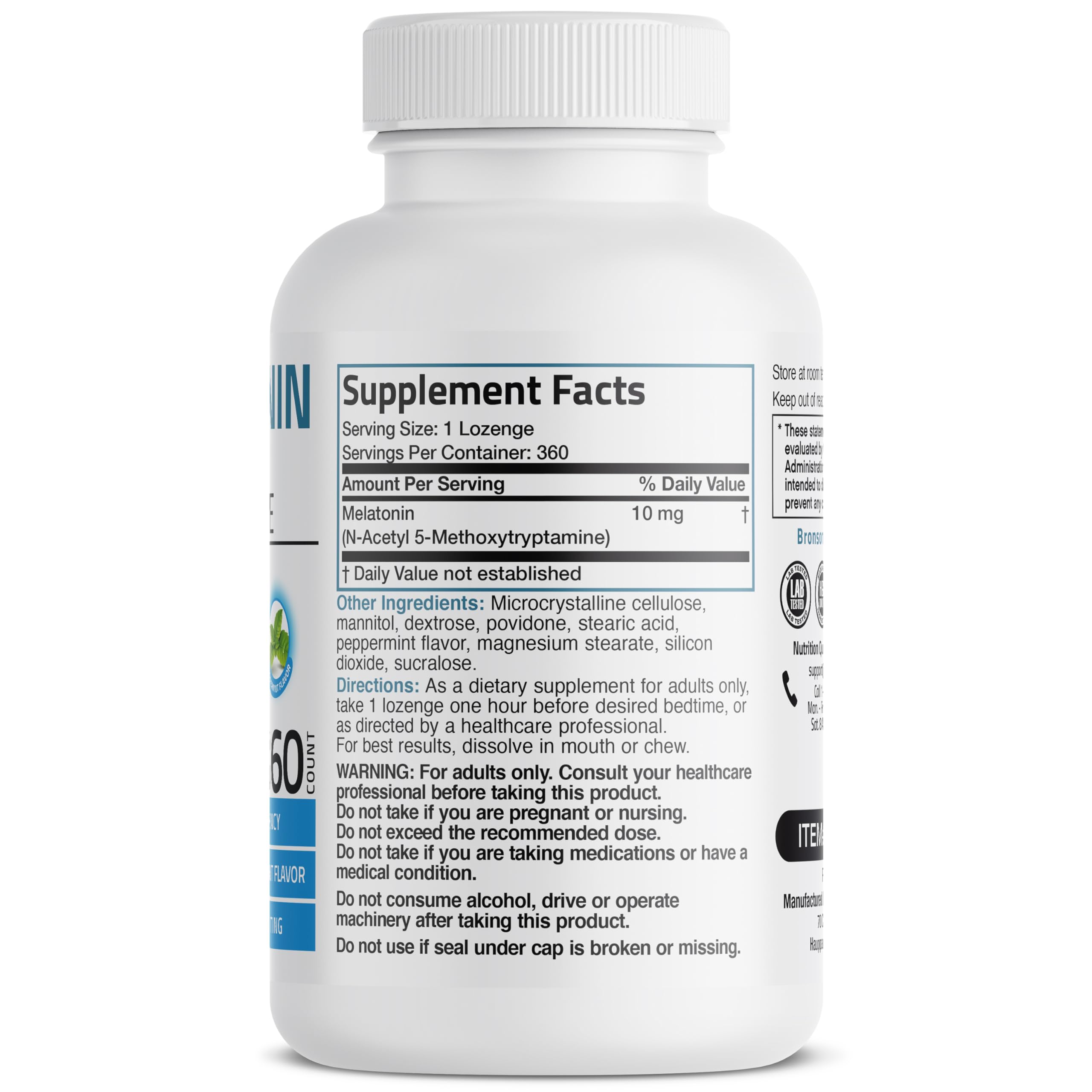 Close-up of Bronson Melatonin fast-dissolve peppermint tablets