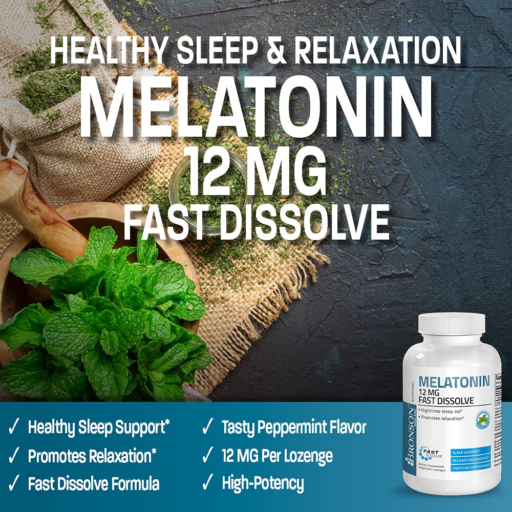 Packaging for Bronson melatonin 12mg peppermint lozenge