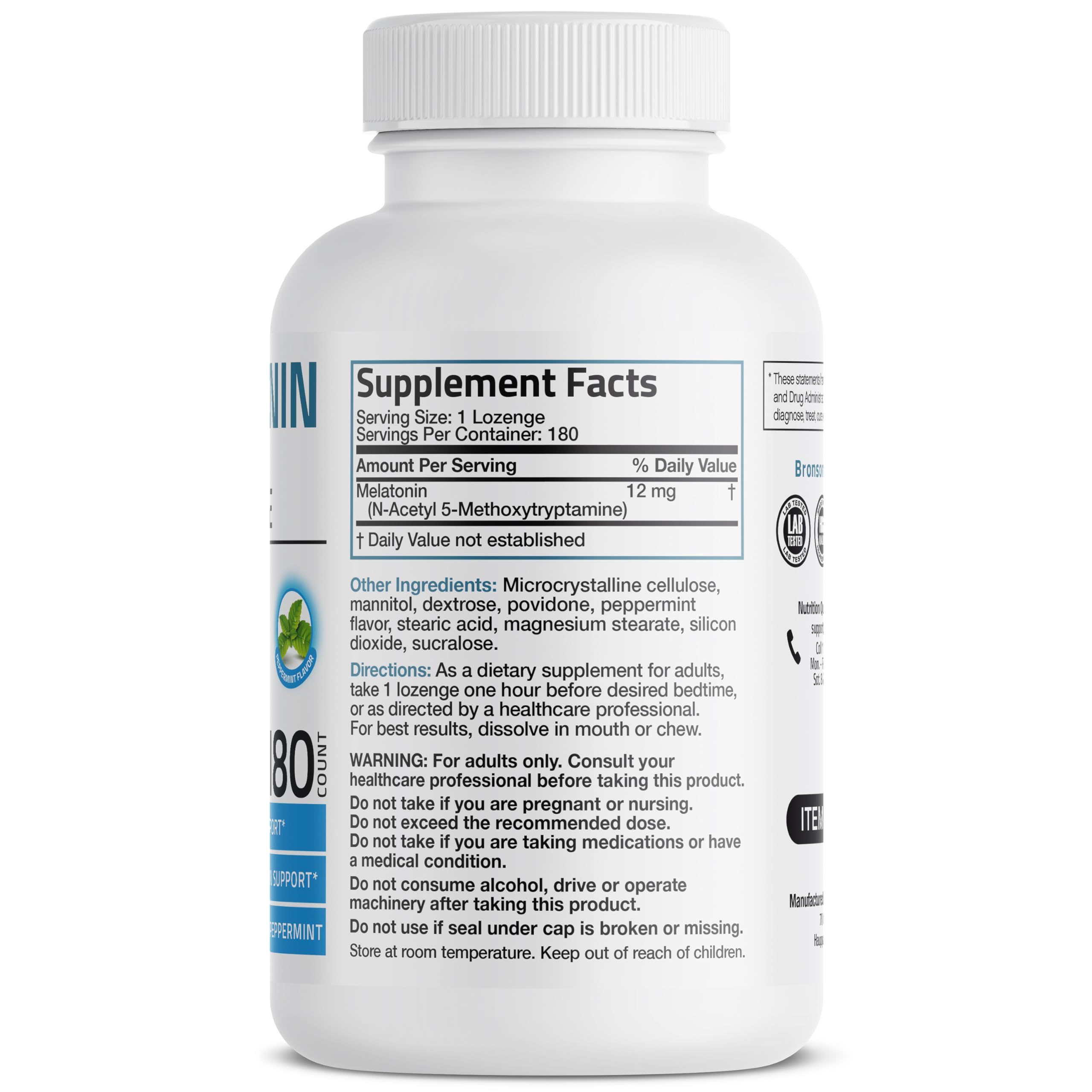 Bronson Melatonin 12mg fast-dissolve peppermint lozenge – back of packaging