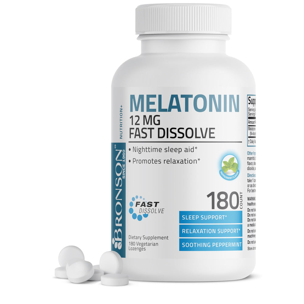 Bronson Melatonin 12mg fast-dissolve peppermint lozenge package front