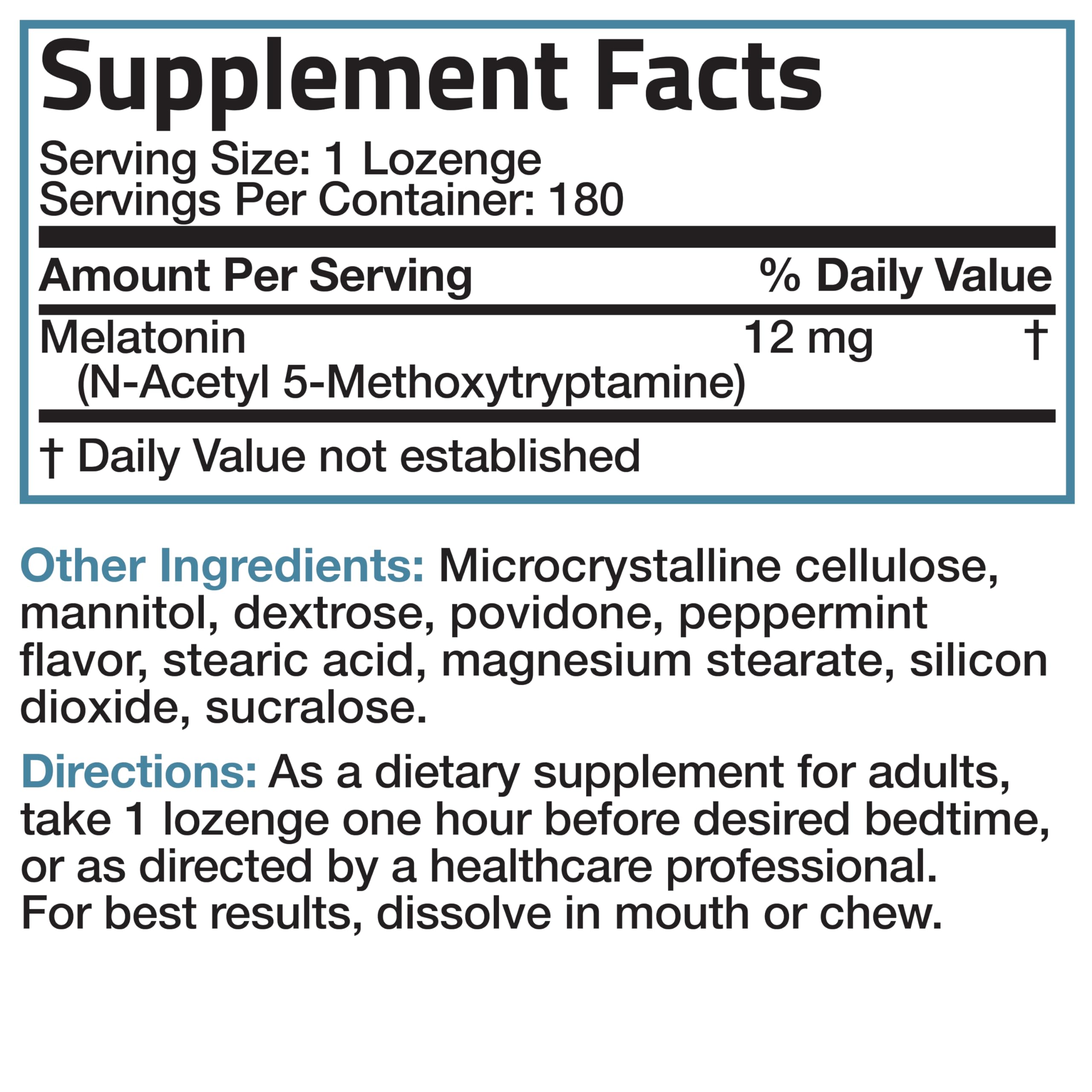 Supplement facts panel for Bronson Melatonin 12mg lozenges