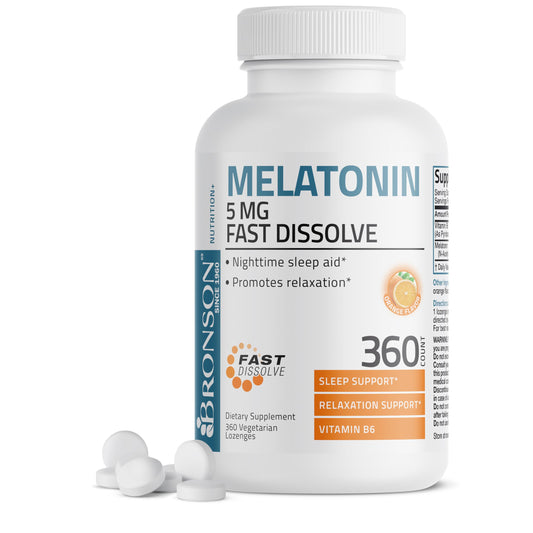 Front view of Bronson Melatonin 5mg fast dissolve orange lozenges 360-count bottle