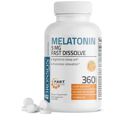 Front view of Bronson Melatonin 5mg fast dissolve orange lozenges 360-count bottle