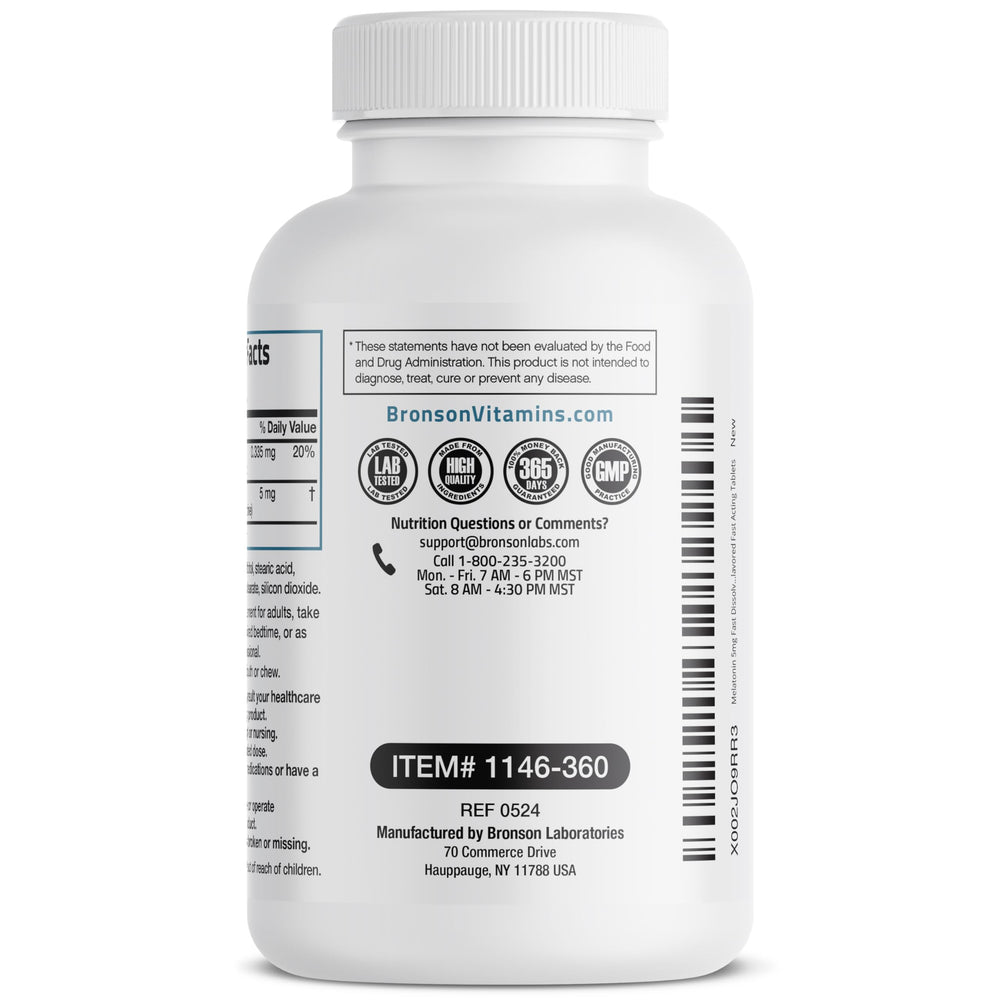 Nutrition and ingredients panel for Bronson Melatonin lozenges