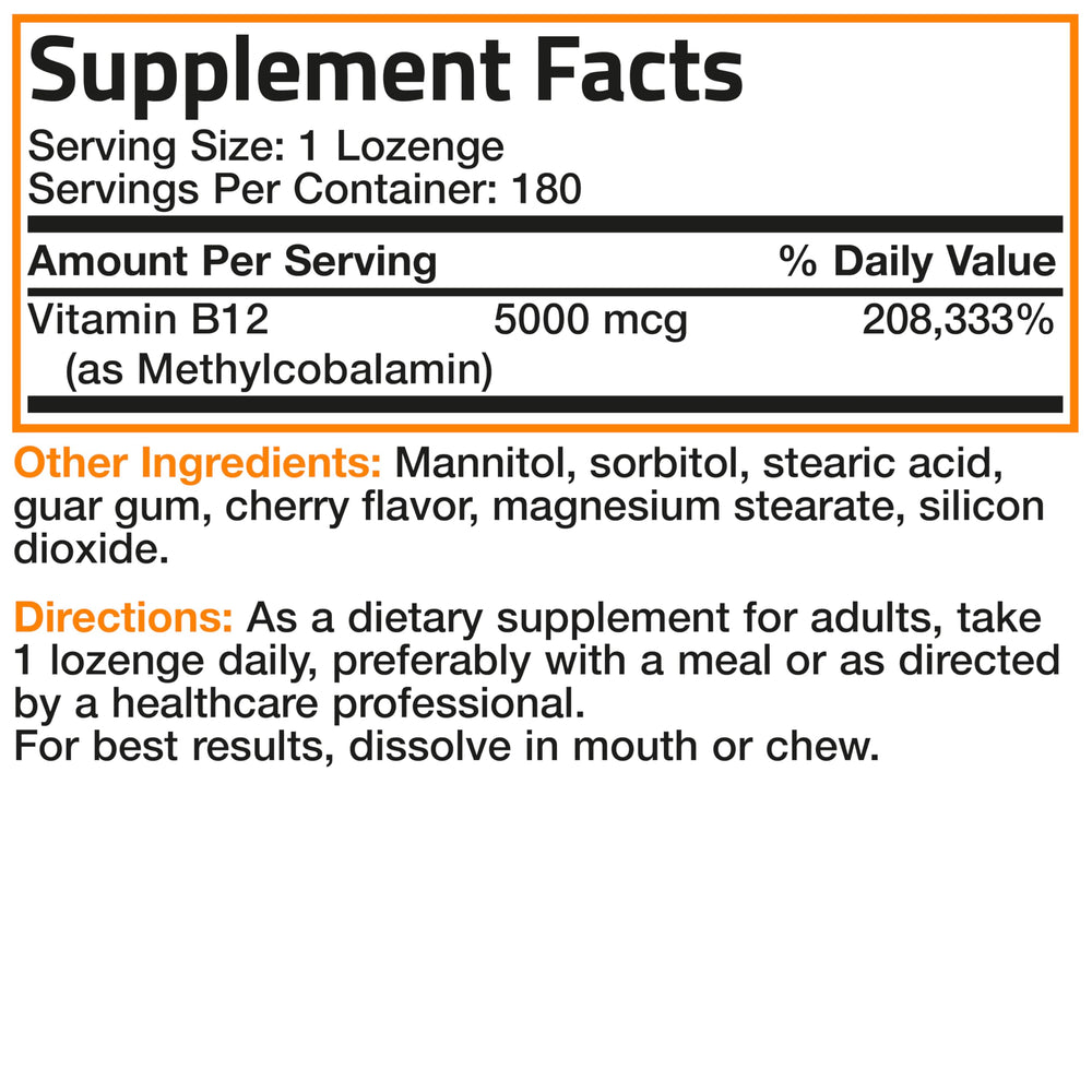 Supplement facts panel for Bronson Methyl B12 5000 mcg