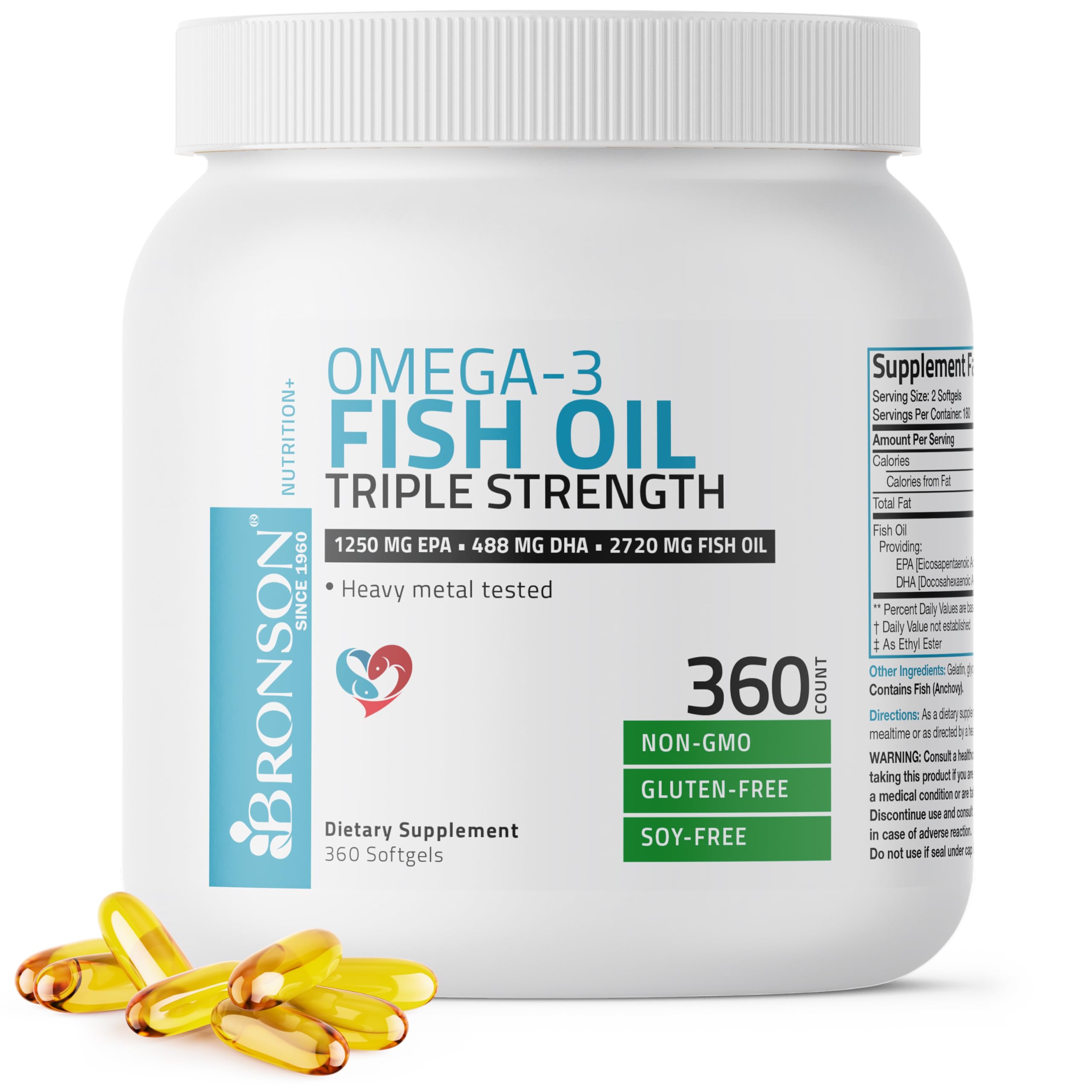 Bronson Omega-3 Fish Oil Triple Strength softgel bottle and label