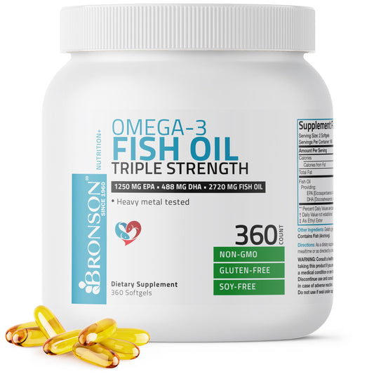 Bronson Omega-3 Fish Oil Triple Strength softgel bottle and label