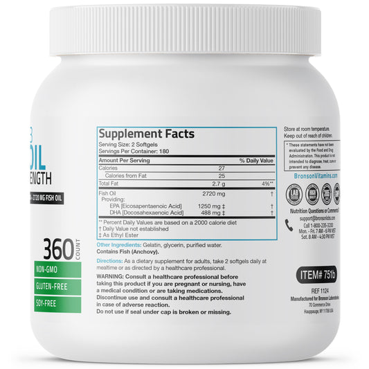 Close-up of Bronson Omega-3 Fish Oil Triple Strength 360 softgels
