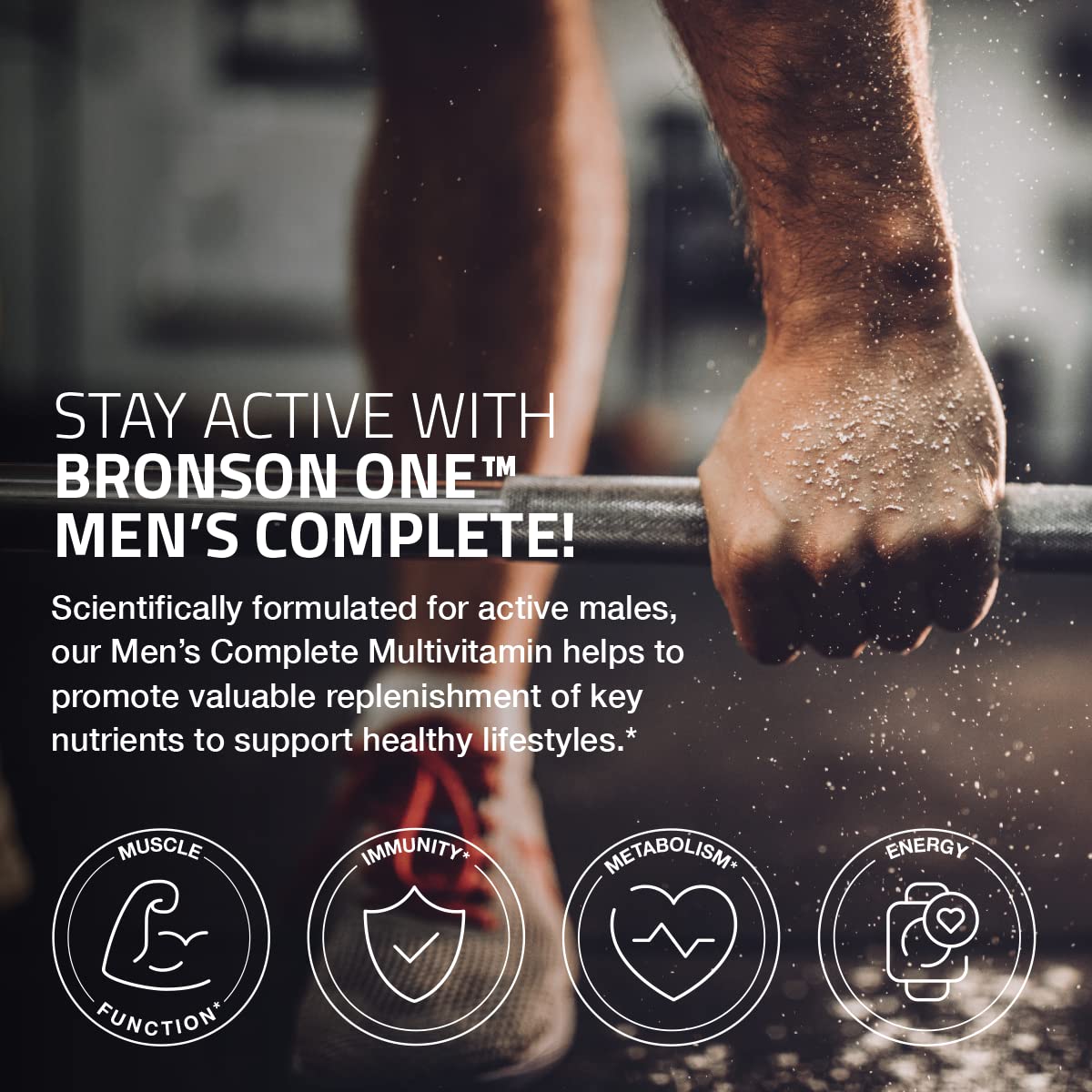 Label showing vitamins and minerals for Bronson ONE Daily Men's Complete Multivitamin