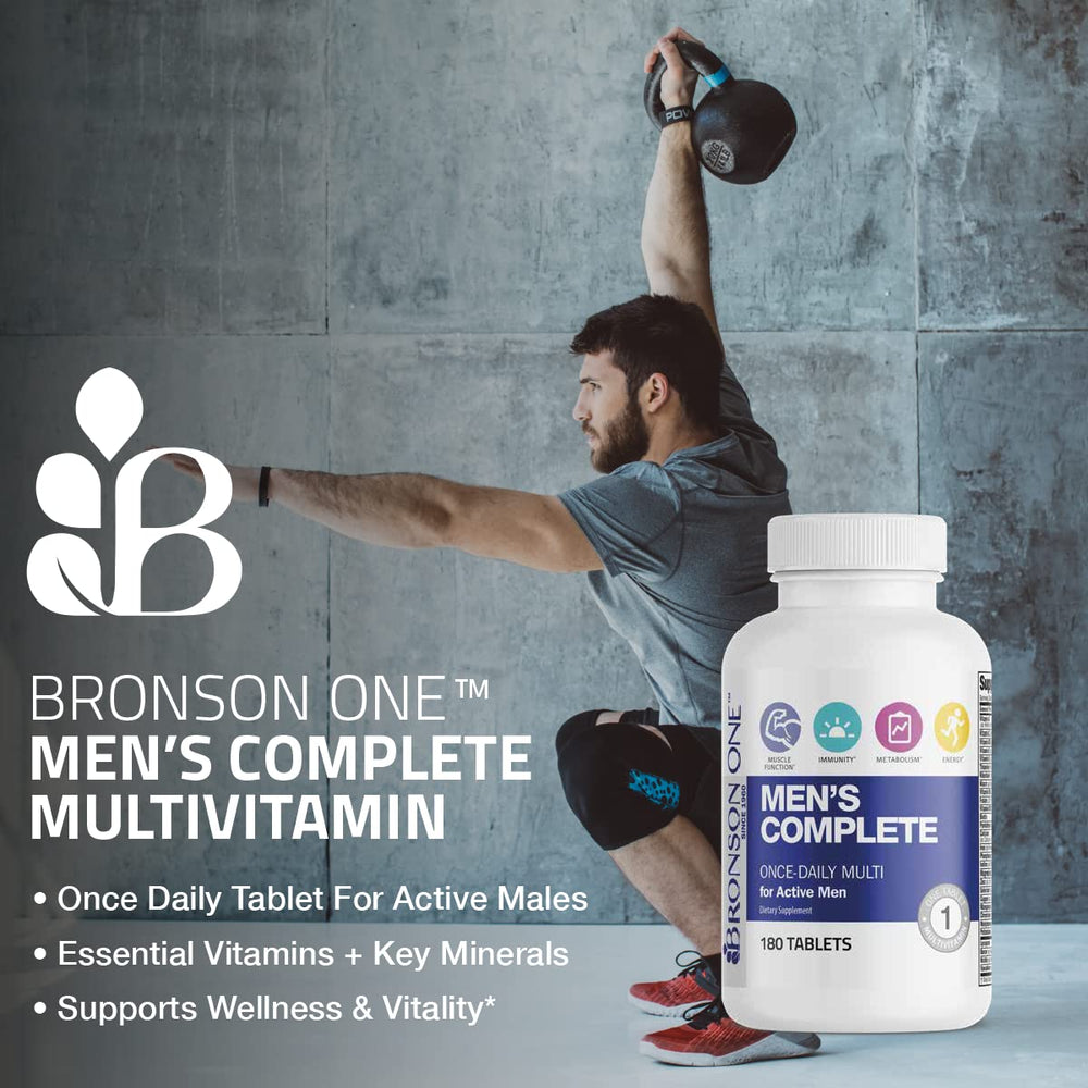 Close-up of Bronson ONE Daily Men's Complete Multivitamin tablets