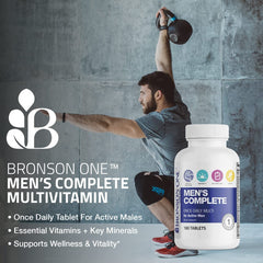 Close-up of Bronson ONE Daily Men's Complete Multivitamin tablets