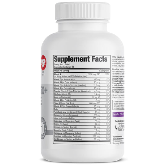 Close-up of label highlighting vitamins and minerals for 50+ women