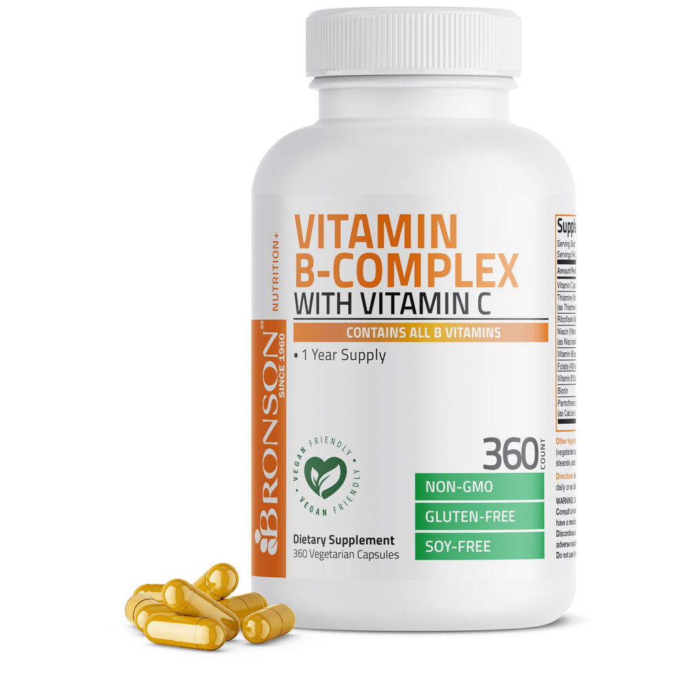 Bronson Vitamin B Complex with Vitamin C bottle label showing immune support